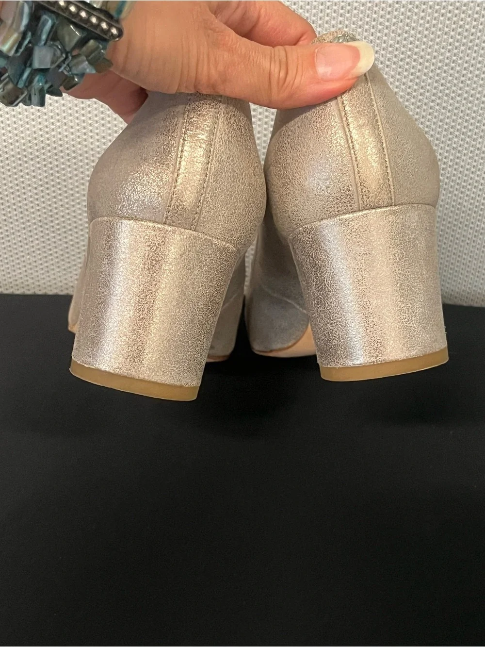 Donald Pliner block heel leather pumps. Brushed champagne. Metal heel plate. 8
